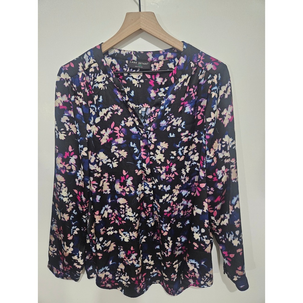 Lane Bryant Floral V-Neck Blouse Black Pink Blue Long Sleeve Plus Size 18